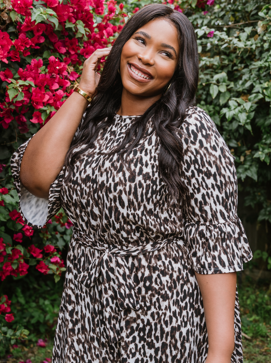 designer plus size animal print fit and flare dress with pockets
