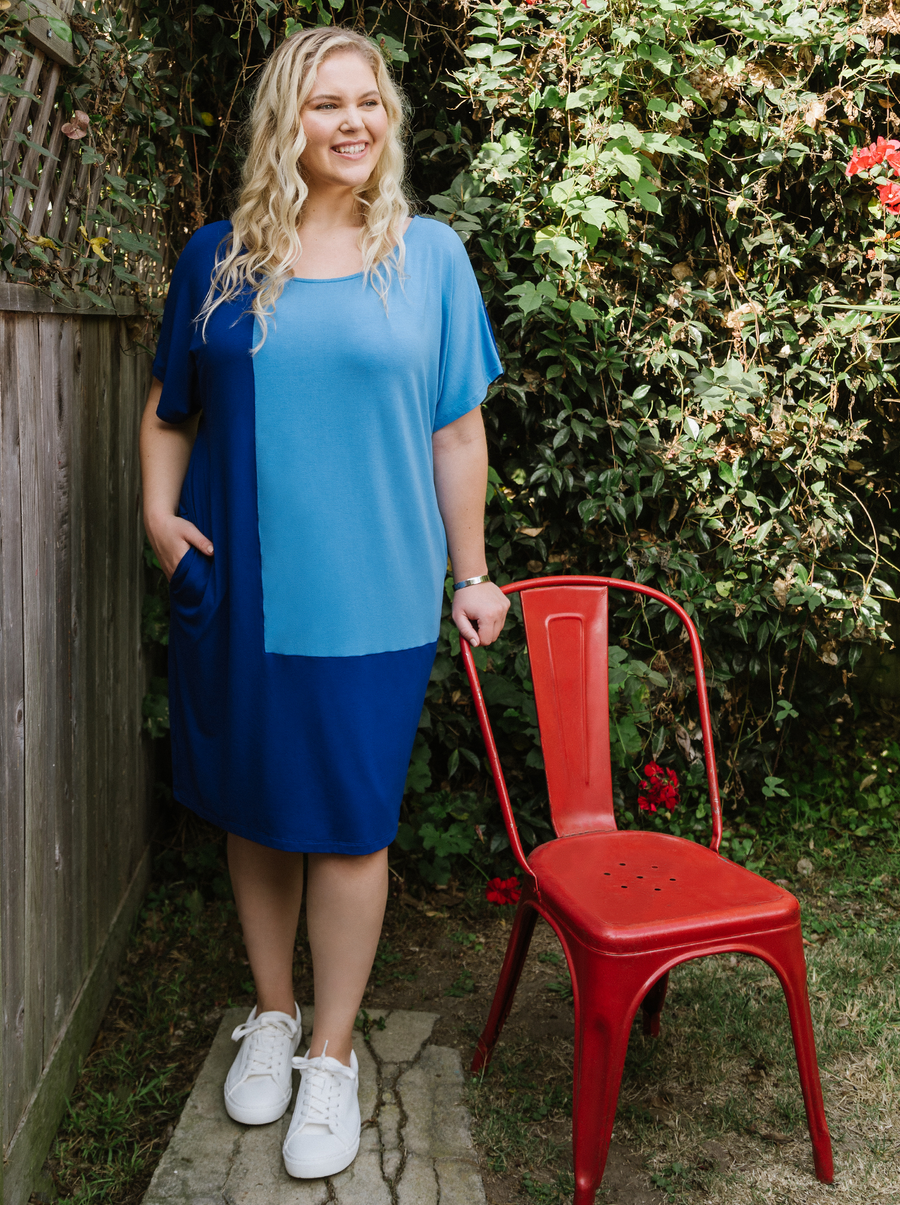 designer plus size blue shift dress with pockets