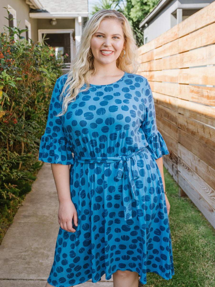 contemporary plus size blue dots fit and flare dress with pockets