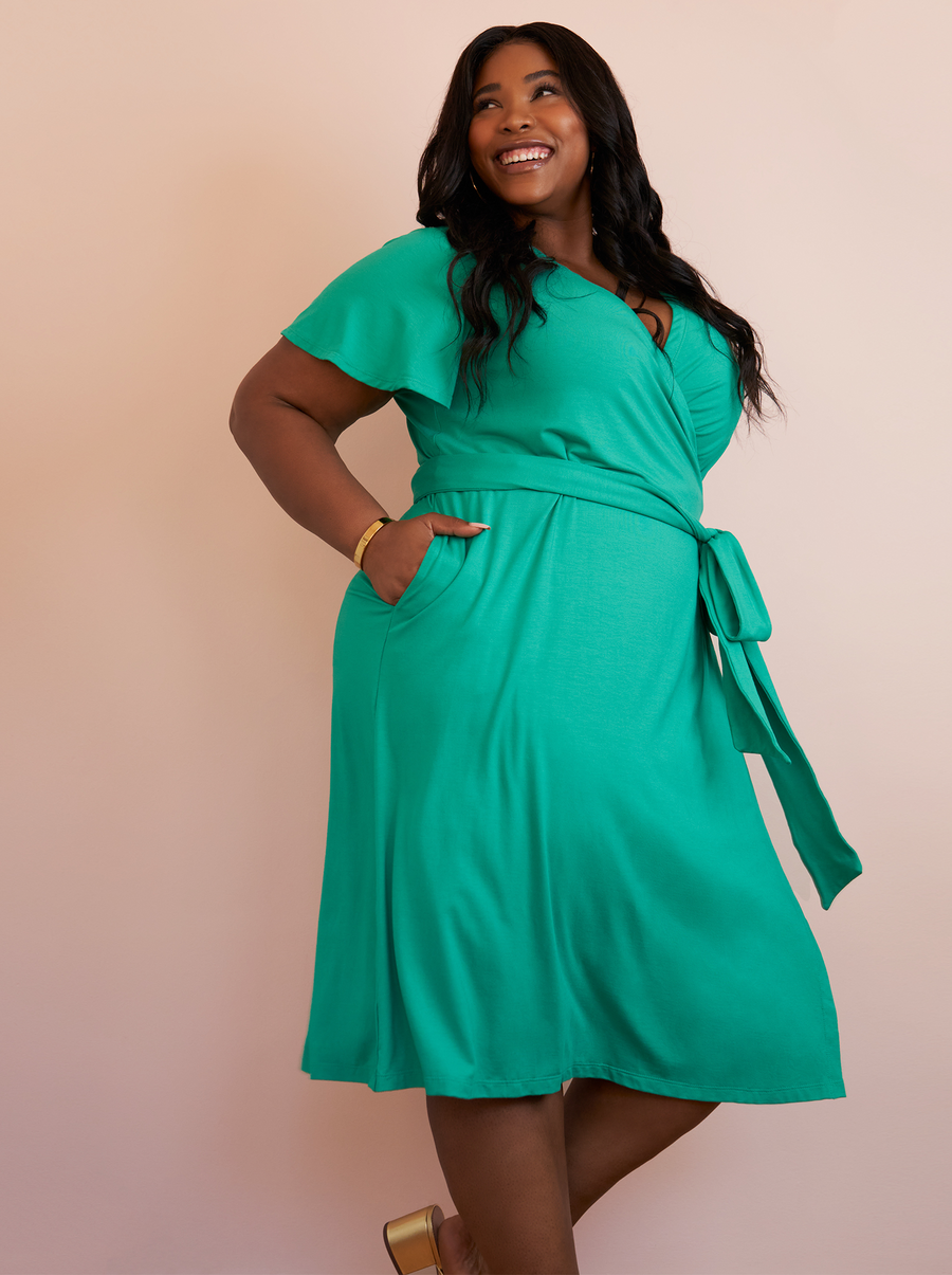 designer plus size green wrap dress with pockets side