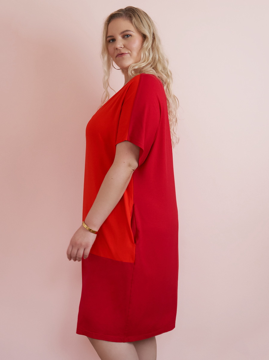 designer plus size red orange shift dress with pockets side