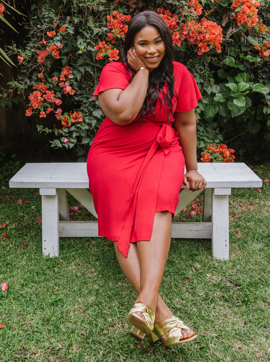 high end plus size red wrap dress with pockets